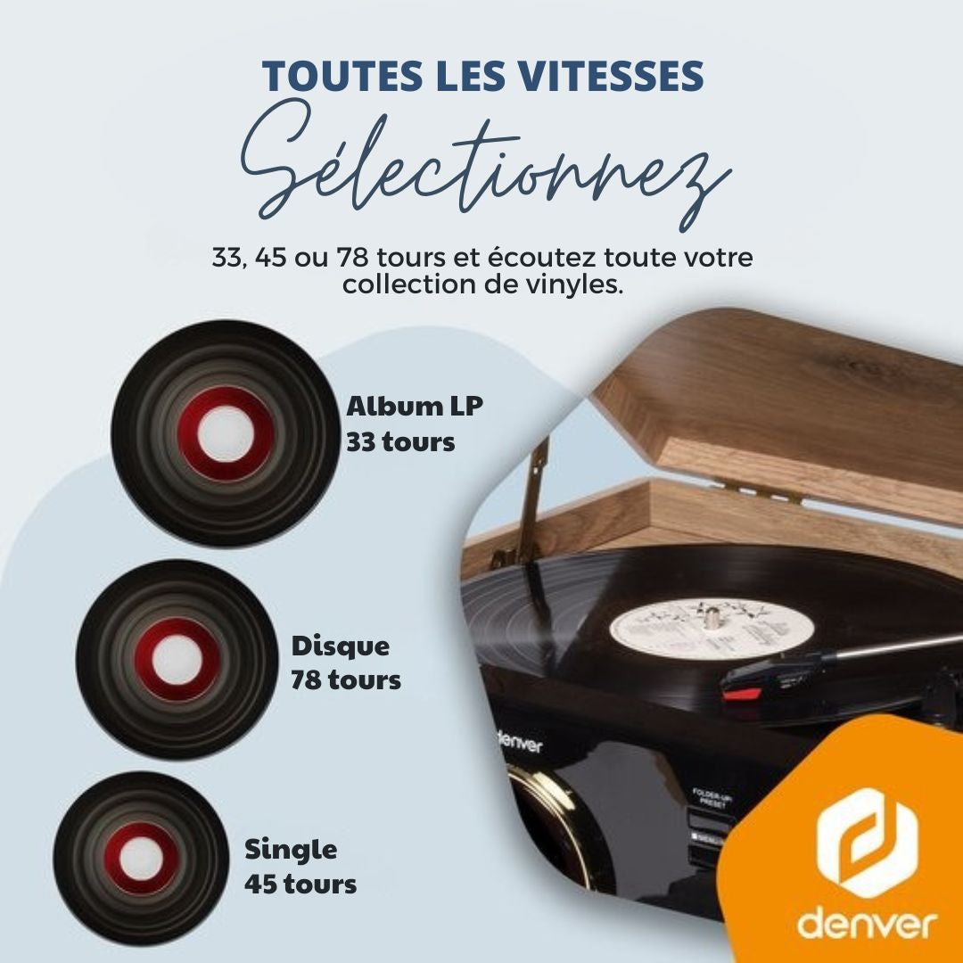 Platine vinyle rétro - Denver - Radio - CD - Cassette - Bluetooth - Auto stop - MRD180 - Bois
