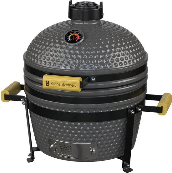 KitchenBrothers Kamado BBQ - 16 Inch Charcoal Barbecue - 34⌀ cm - PFAS-free - Deluxe Set - Egg BBQ with Accessories - Grey