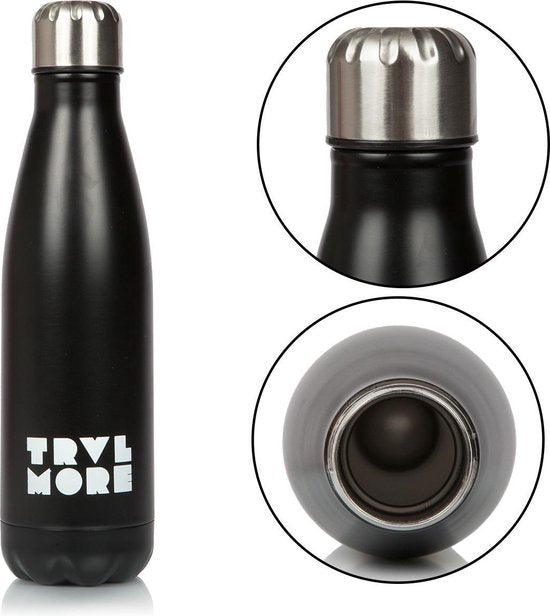 Gourde TravelMore en acier inoxydable - Tasse isotherme de sport - Gourde isotherme pour garder l'eau fraîche ou chaude - Gourde isotherme - Voiture - Fitness - Plein air - Course à pied - Adultes - Sans BPA - Double paroi - Tige - Acier - 500 ml - Noir