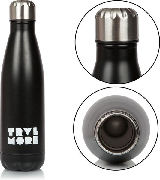 Gourde TravelMore en acier inoxydable - Tasse isotherme de sport - Gourde isotherme pour garder l'eau fraîche ou chaude - Gourde isotherme - Voiture - Fitness - Plein air - Course à pied - Adultes - Sans BPA - Double paroi - Tige - Acier - 500 ml - Noir