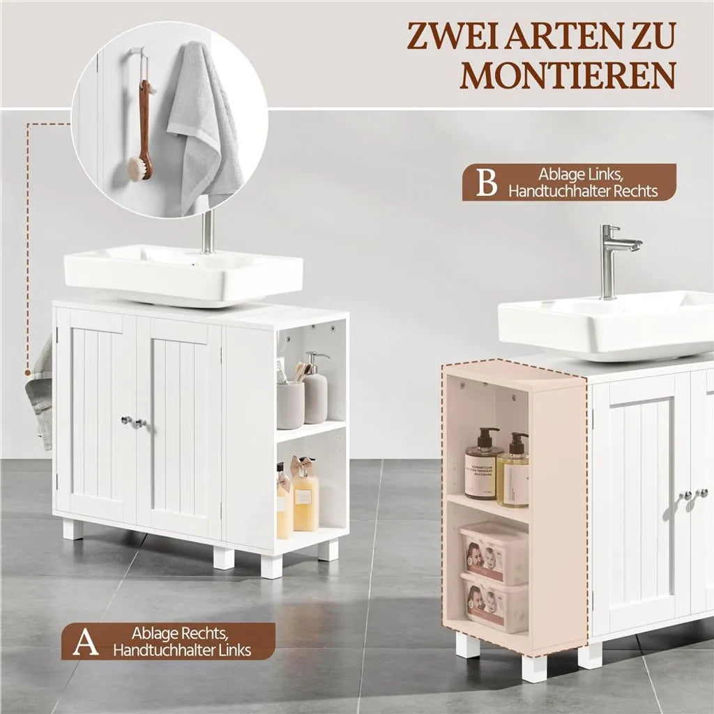 Meuble sous-lavabo Yaheetech 75 x 30 x 62 cm – Blanc – Avec 4 compartiments, des étagères ouvertes et un porte-serviettes