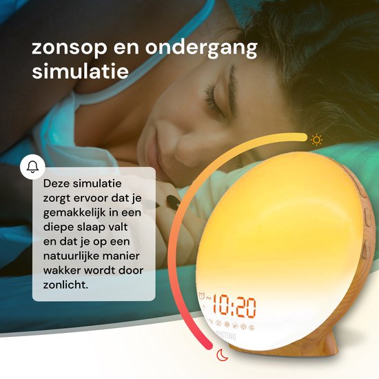 DistinQ Wake-Up Light - Radio-réveil avec double réveil - Aide au sommeil avec connexion USB - Couleur bois