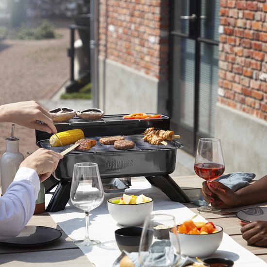 Barbecue hybride Princess 112252 – 2 000 W – Barbecue électrique ou au charbon de bois – Modèle de table compact – Idéal pour le balcon et le camping – 44 x 29 cm