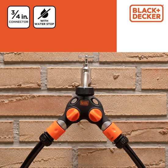 BLACK+DECKER Pièce de robinetterie - Connecteur 3/4 pouce - Stop eau - Séparateur 2 voies - Noir/Orange