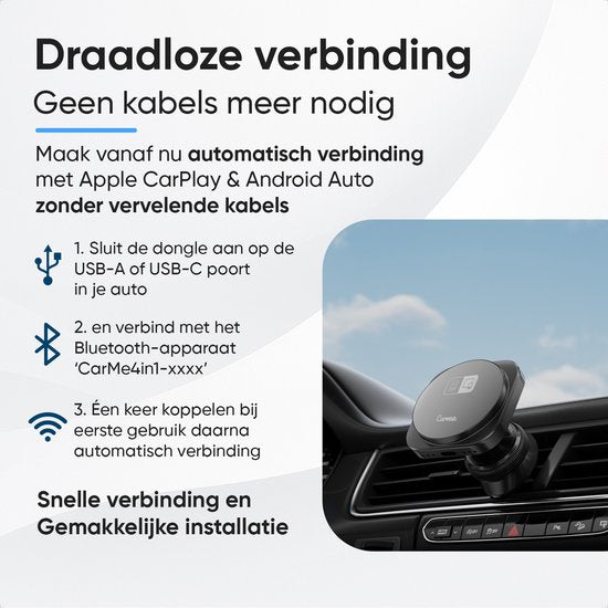 CarMe 4-in-1 CarPlay Dongle Pro - Avec chargeur sans fil - Wireless CarPlay & Android Auto - Android Auto Dongle - MagSafe Car Holder - Noir