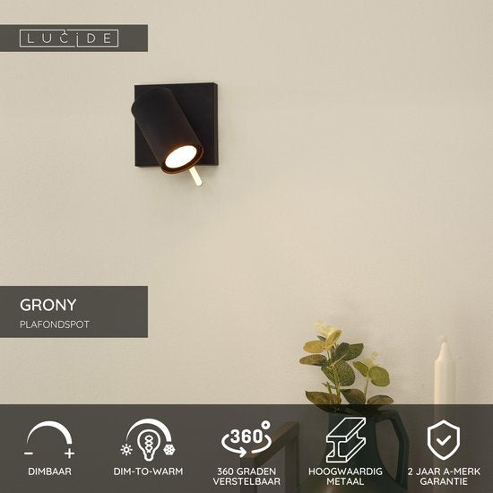 Lucide GRONY - Spot de plafond (lampe de plafond) - LED « Dim to warm » - GU10 - 1x5 W 2200 K/3000 K - Noir