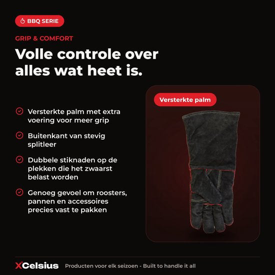 Gants de barbecue XCelsius® en cuir refendu – Certifiés TÜV EN407 – Gants de barbecue et de four résistants à la chaleur – Pour kamado, fonte, grilles et déflecteurs de chaleur – Cadeaux pour hommes – 1 paire – Noir et rouge