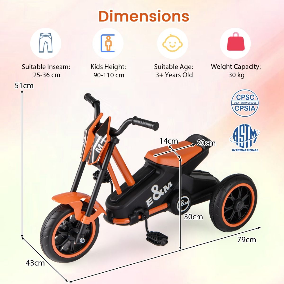 Tricycle pour enfants Coast - cadre triangulaire stable - limiteur de braquage - orange