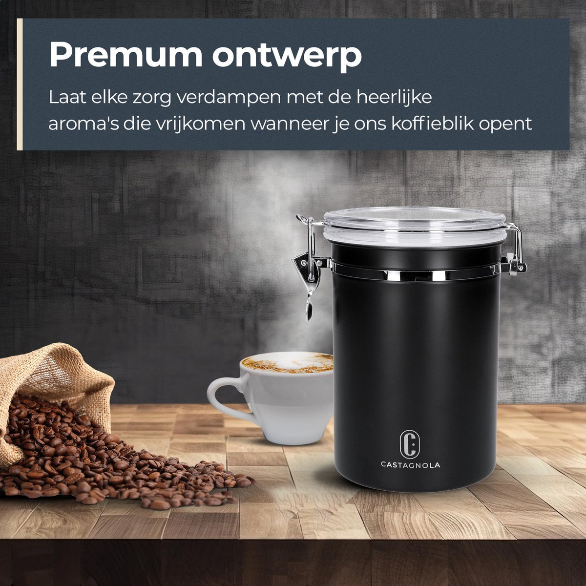 Boîte à café Castagnola - hermétique avec sortie CO2 - 1,8 litres - Noir