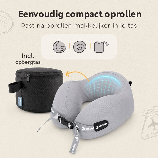 TRAVARA Oreiller cervical « The Airhugger » - Oreiller de voyage - Pour l'avion - Oreiller de voiture - Mousse à mémoire de forme - Combinaison de mousse gonflable et de mousse à mémoire de forme - Gris clair