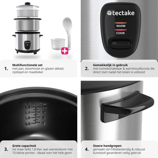 tectake® Rice Cooker - Cuiseur vapeur et rice maker avec insert vapeur - Marmite de cuisine grand volume 1,8L - Jusqu'à 10 portions de riz gluant, de riz complet ou de riz pour sushi