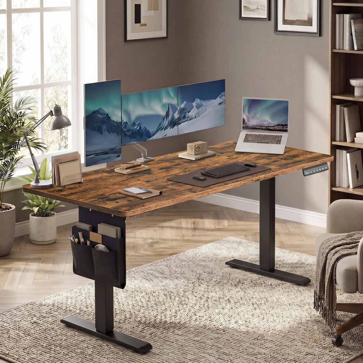 Bureau assis-debout électrique Joyfurnos 140 x 60 cm - Réglable en hauteur avec fonction mémoire - USB-C - Marron