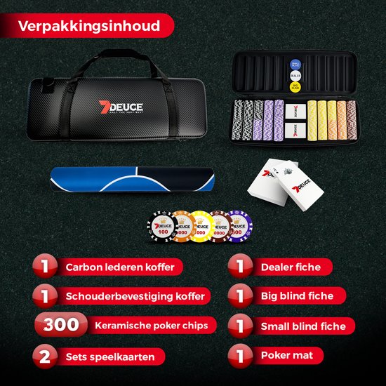 7DEUCE Poker Set - Starter Set - 300 jetons - Chiffon - Jetons de poker - Poker - Adultes