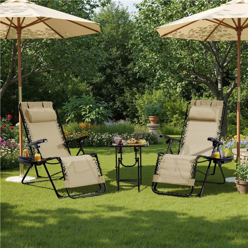 Yaheetech Lot de 2 chaises longues avec table d'appoint - Beige - Chaises longues de jardin pliables « Zero Gravity » avec oreiller et porte-gobelets