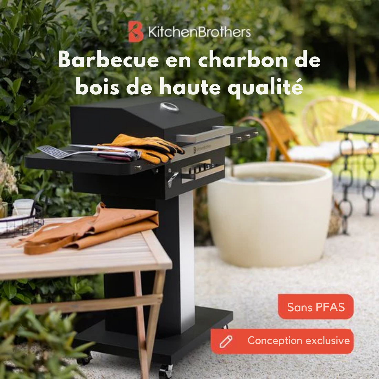 Barbecue au charbon de bois – KitchenBrothers – Barbecue Grill - Avec couvercle, grille de réchauffage & roulettes – 81 x 48 x 94 cm – Noir