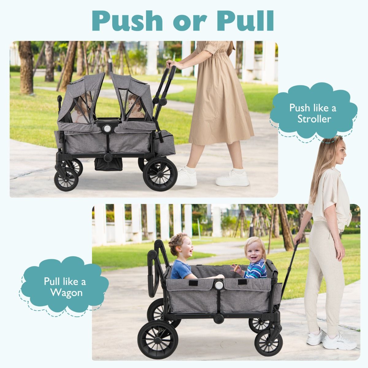 Coast 2-in-1 Foldable Geschwisterwagen - Gris - 104 x 57 x 107 cm - Poignée réglable et capuchon amovible