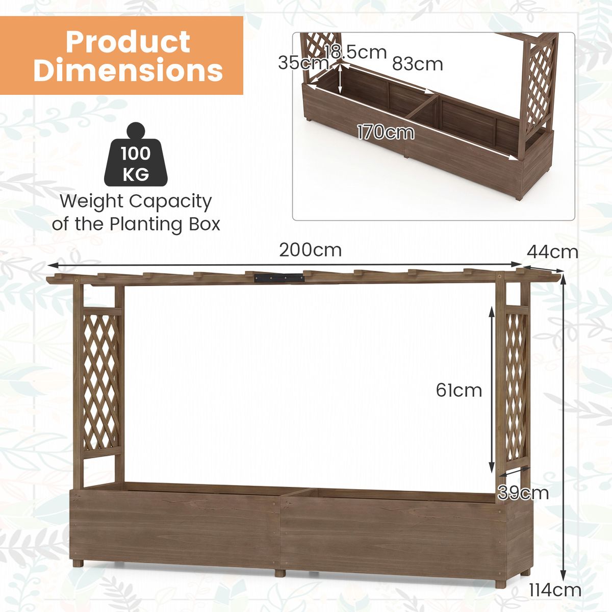 Jardinière Coast avec treillis - toit suspendu - bois de pin massif - marron - 200 x 44 x 114 cm