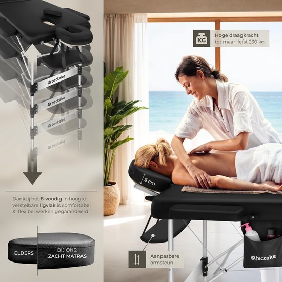 tectake® Table de massage à 3 zones - 70cm de large - Banc de traitement avec rembourrage de 5cm d'épaisseur et cadre en aluminium - 15 lingettes pour appui-tête et sac de transport inclus - Capacité de charge maximale de 230kg - Noir