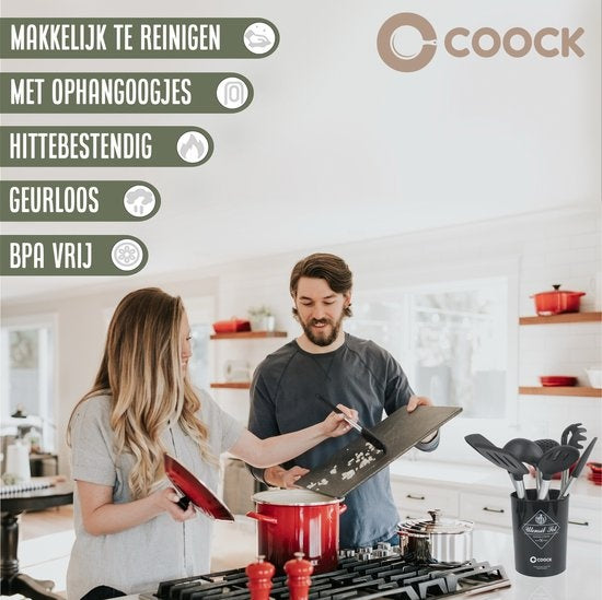 COOCK Batterie de cuisine avec support XL - Batterie de cuisine 17 pièces - Silicone - Sans BPA ni plastique - Susceptible d'être accrochée - Ouvre-boîte inclus