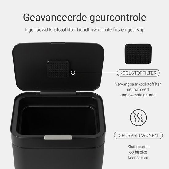Poubelle avec compartiment de 60 litres - Avec anneaux de tri sélectif 2x 30 litres - Acier inoxydable - Noir - 42x33x76 cm - STAUS&BACH Nuvio