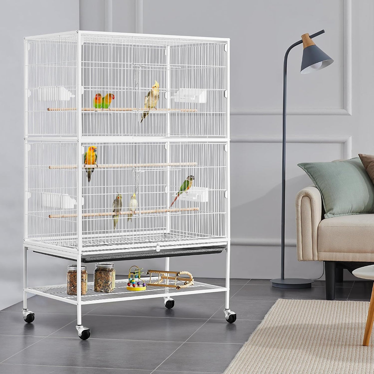 Cage à oiseaux Yaheetech avec support – 79 × 51,8 × 132 cm – Blanche – Cage pour perruches avec roulettes, 3 perchoirs en bois et 4 mangeoires