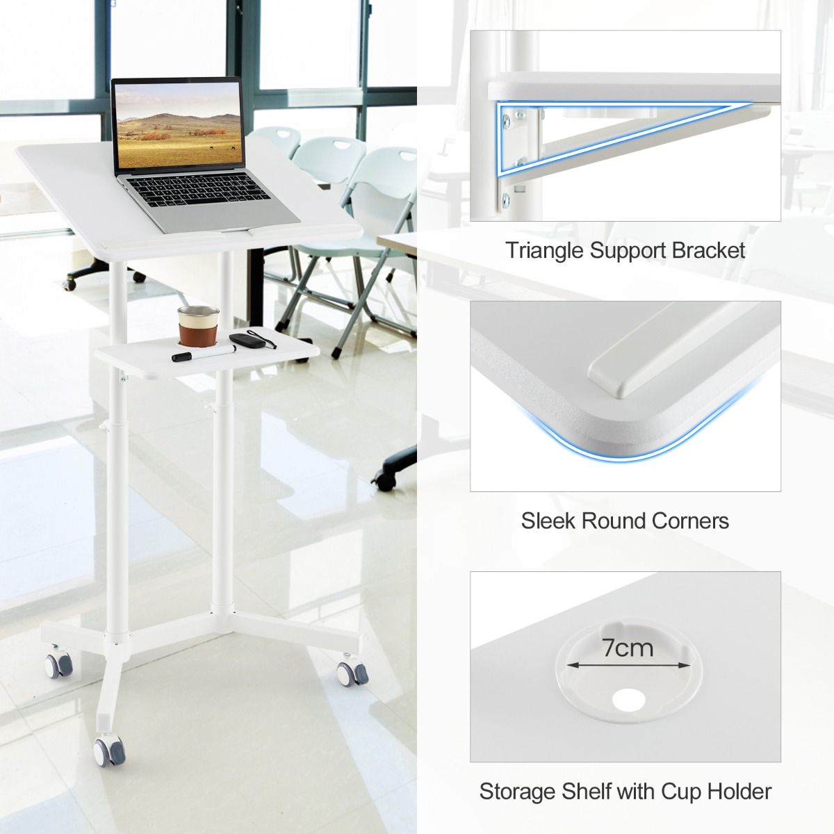 Pupitre Coast sur roulettes - Réglable en hauteur - Plateau inclinable - Blanc