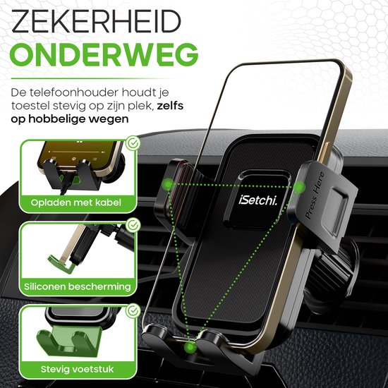 iSetchi FlexMount - Support de téléphone pour voiture - Grille de ventilation - Support de téléphone portable - Accessoires de voiture - Support universel - Design extensible - Noir