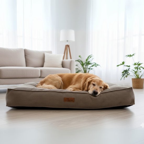By Cee Cee Coussin orthopédique pour chien - Panier orthopédique pour chien - Coussin pour chien XXL - Rembourrage en flocons de mousse - Tissu côtelé Mocha Taupe - 120x80x18cm - Arlo