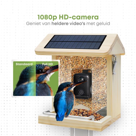 Mangeoire à oiseaux - Niche à oiseaux avec caméra - Bois - Reconnaissance des oiseaux par IA - 1080 HD - Audio - Avec panneau solaire
