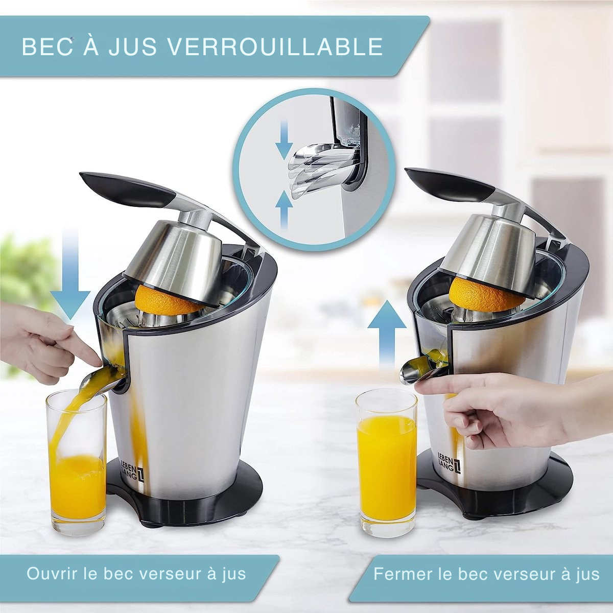Centrifugeuse - LEBENLANG Extracteur de jus - Presse orange - 600W - 20 x 20 x 31 cm - Argenté