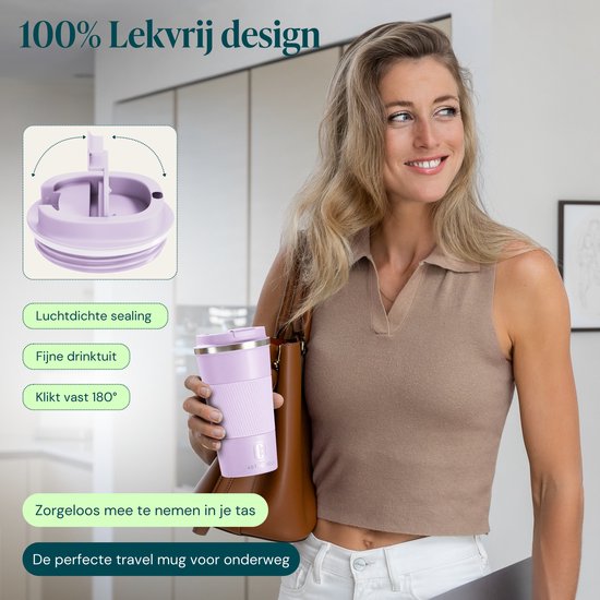 Tasse isotherme Castagnola - Tasse à café à emporter - Tasse de voyage pour café et thé - Tasse à thé - 510 ml - Acier inoxydable - Violet clair