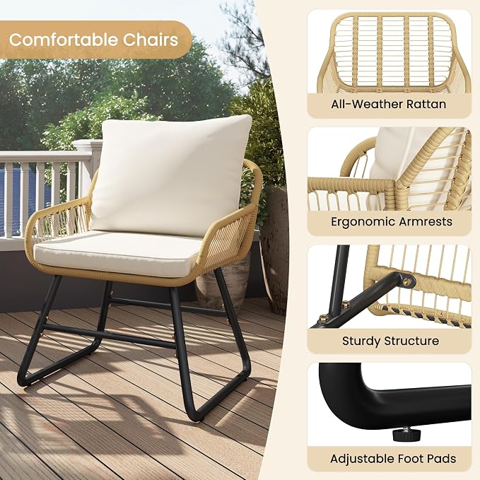 Ensemble de bistrot 3 pièces Yaheetech - Coussins et table en verre inclus - Beige/crème