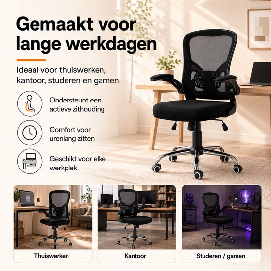 Chaise de bureau ergonomique Infinity Goods - Chaise de bureau - Soutien lombaire 4D et revêtement en maille - Accoudoirs rabattables - Jusqu'à 150 kg - NEN-EN1335 - Noir