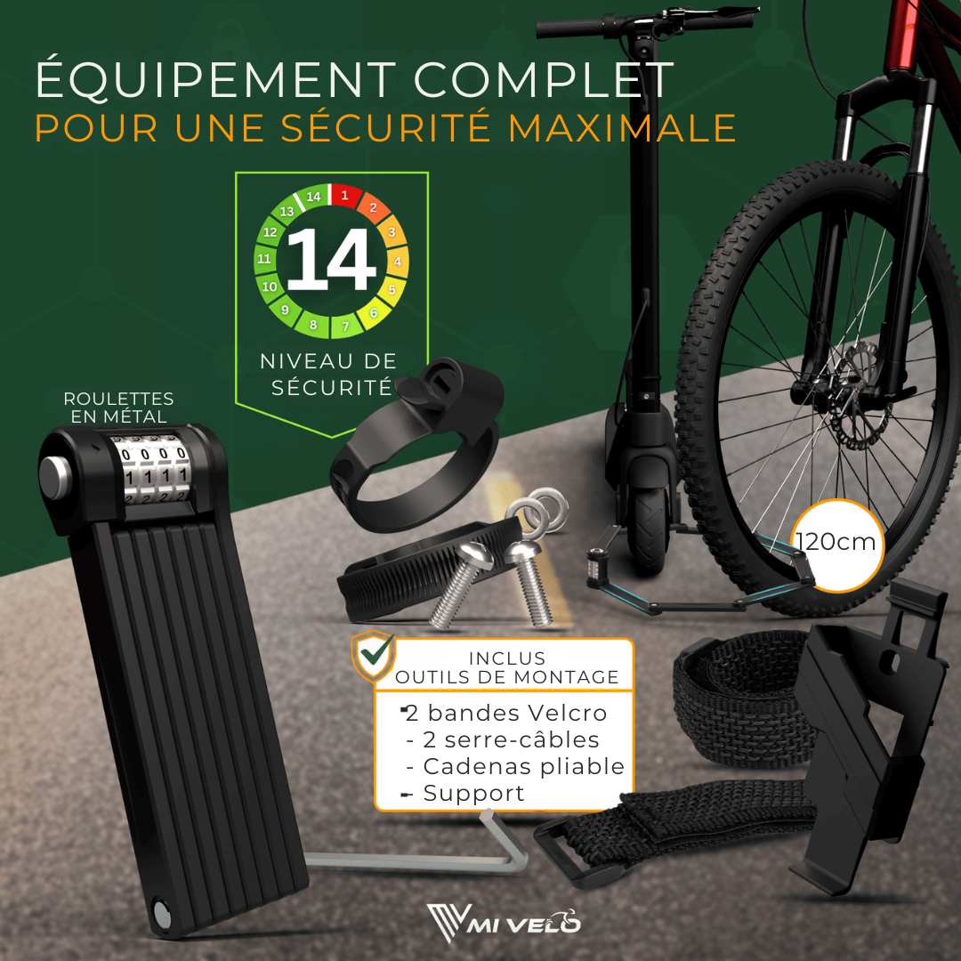 Cadenas pour vélo MIVELO  - Avec serrure à numéro - Acier inoxydable extrêmement robuste - 120 cm - Noir