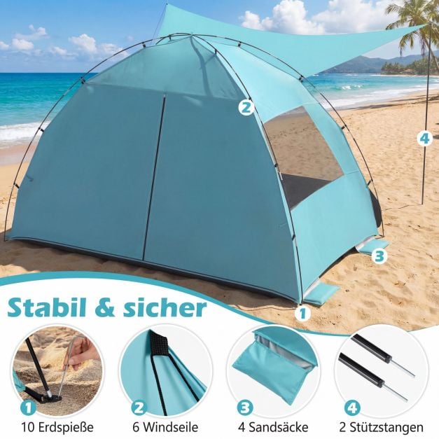 Coast Strandtent 260 × 150 × 160 cm – Abri de plage avec auvent, protection UV UPF 50+, fenêtres en filet et sac de transport – Bleu