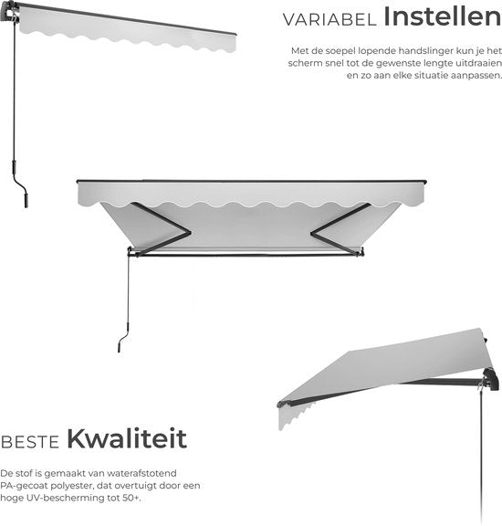 tectake® Sunshade with Articulated Arm - 300 x 250 cm - Store - Protection solaire pour fenêtre, balcon, extérieur - Fixation murale - Résistant à l'eau et aux UV - Gris clair