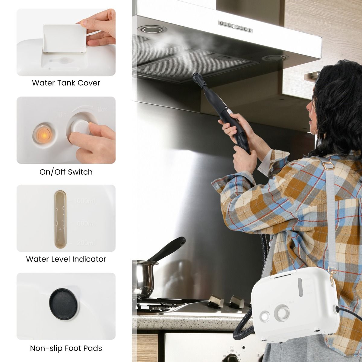 Coast 1600W Nettoyeur vapeur portable - 23.5 x 12.5 x 18 cm - Blanc - Réservoir d'eau 1L pour la voiture, la cuisine et la salle de bain