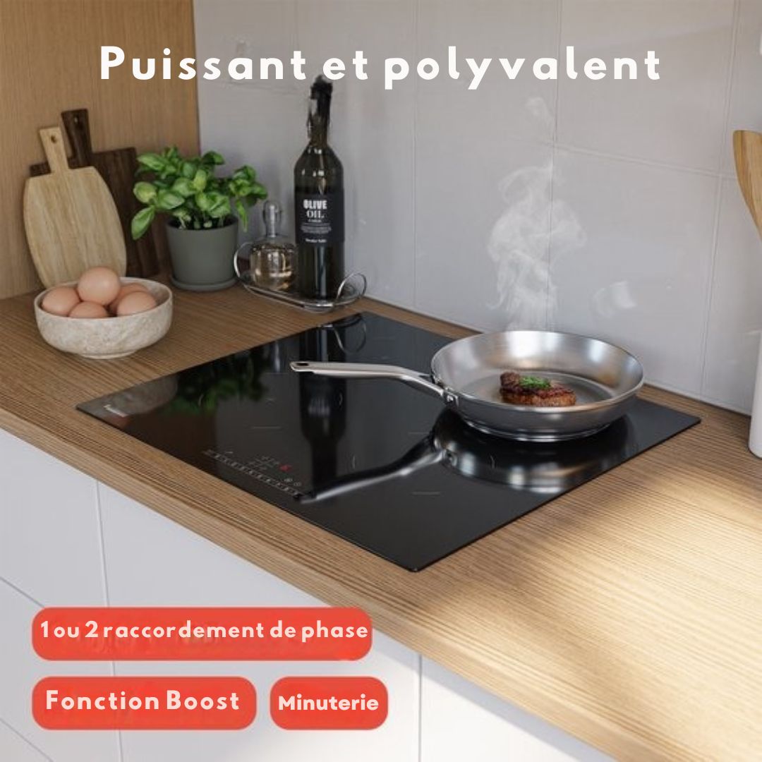 Table de cuisson à induction KitchenBrothers - encastrable - 60 cm - 4 zones - 1 et 2 phases - Jusqu'à 2400W - Noir