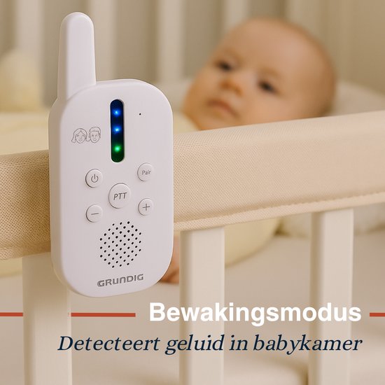 Babyphone audio DECT Grundig - Babyphone d'une portée de 150 m - Unité parents et unité bébé - avec indicateur sonore à LED et fonction interphone - Accessoires pour chambre de bébé - Blanc