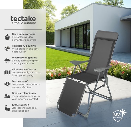 tectake® - Lot de 2 chaises pliantes - Chaises de jardin en aluminium - Pliantes avec appui-tête et repose-pieds - Chaises longues pour le jardin, la terrasse ou le balcon - Chaise de camping - Anthracite