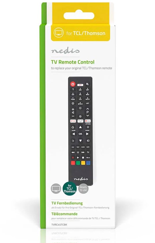 Télécommande de remplacement Nedis - Compatible avec : TCL/Thomson - Préprogrammée - 1 appareil - Bouton Amazon Prime / Netflix / YouTube - Infrarouge - Noir