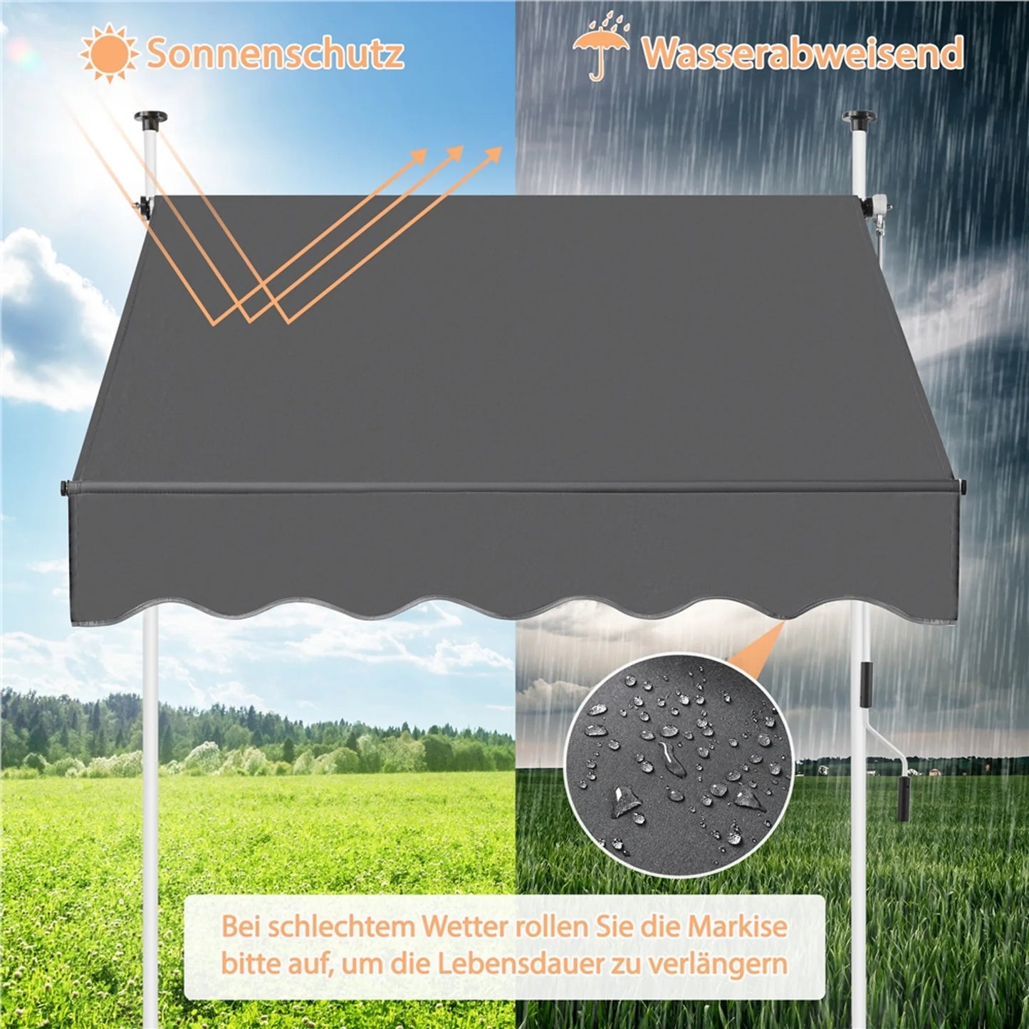 Yaheetech Clamp Sunshade With Hand Crank - With Height Adjustable Telescopic Rods And Water Repellent Cloth And Protective Feet - For Balcony And Terrace - Dark Grey Polyester And Metal - 150 x 180 x 210-300 cm