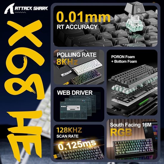 ATTACK SHARK X68HE - Clavier de jeu filaire à interrupteur magnétique - 66 touches - RGB - touches PBT imprimées en soie - corde décorative - 8Khz - 0.01mmRT - 0.125ms - Ligne de contour blanche