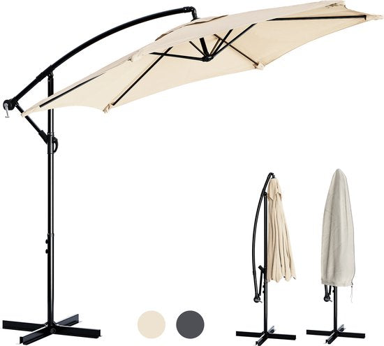 Parasol à bras articulé Tristar - 300 cm, rond - Jardin et balcon - Hauteur réglable - Pied en croix et housse de protection inclus - PA-7906 - Beige
