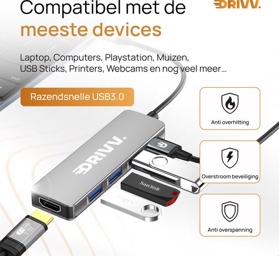 Hub USB-C haut de gamme 5 en 1 - HDMI 4K 30 Hz - PD 100 W - USB 3.0 - USB 2.0 - Répartiteur USB - Adaptateur - Gris sidéral
