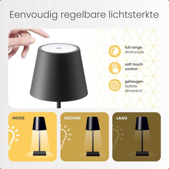 Goliving Lampe de table rechargeable - Sans fil et dimmable - Lampe tactile moderne - Lampe de nuit pour chambre à coucher - 26 cm - Noir