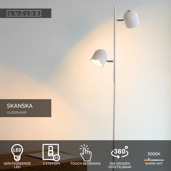 Lucide SKANSKA - Lampadaire - LED 3 StepDim - 2x5 W 3000 K - Blanc