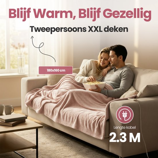 STAUS&BACH Couverture électrique 3XL - Couverture supérieure pour 2 personnes - Couverture chauffante double face en polaire Sherpa - Rose champagne - 180x160 cm PowerNap
