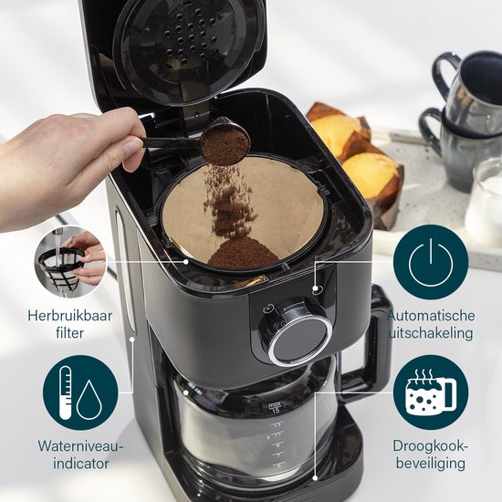Princess 246060 Cafetière - 1.5L - 10-15 tasses - Cafetière à filtre - Noir