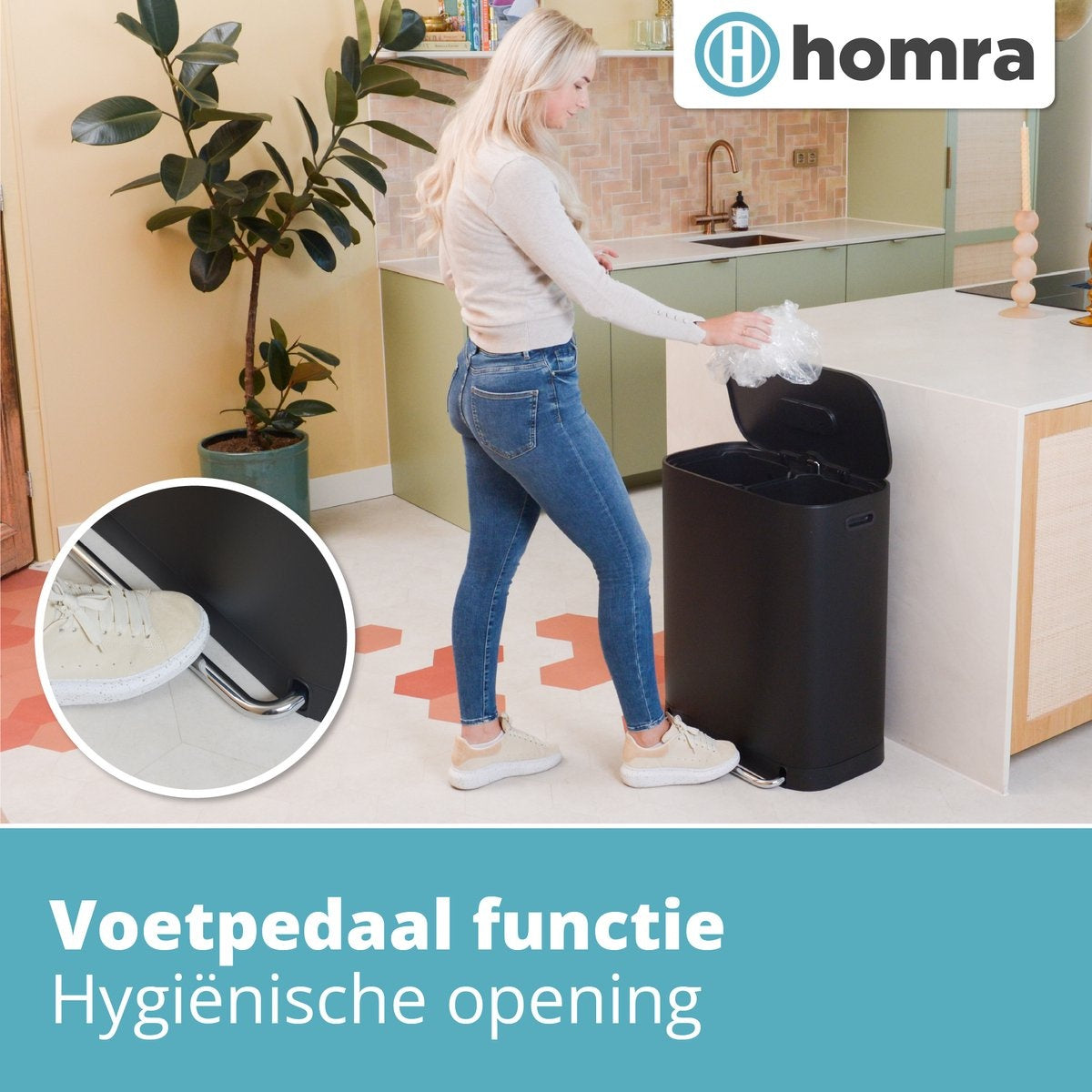 Homra Poubelle à double compartiment 60L  - Pédale en métal - filtre anti odeurs -2x30L - Noir
